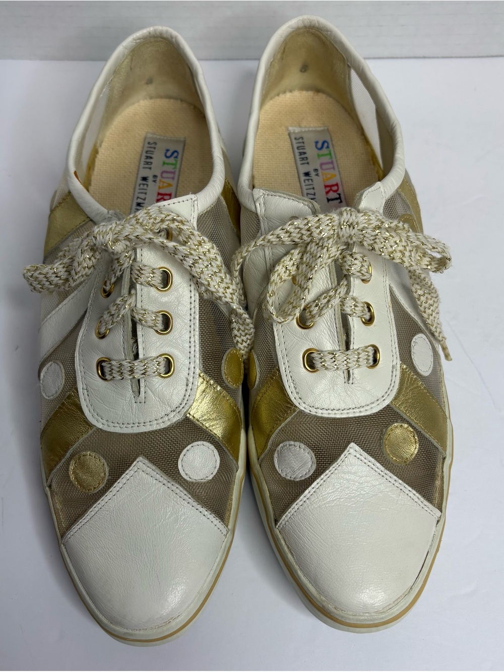 Stuart Weitzman White and Gold Leather & Mesh Sneakers Size 7-7 1/2